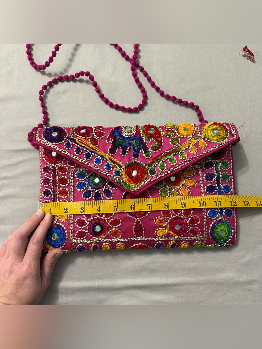 Maatangi Boho Embroidered Mirror Work Foldover Clutch Crossbody Purse Hot Pink - Picture 6 of 10